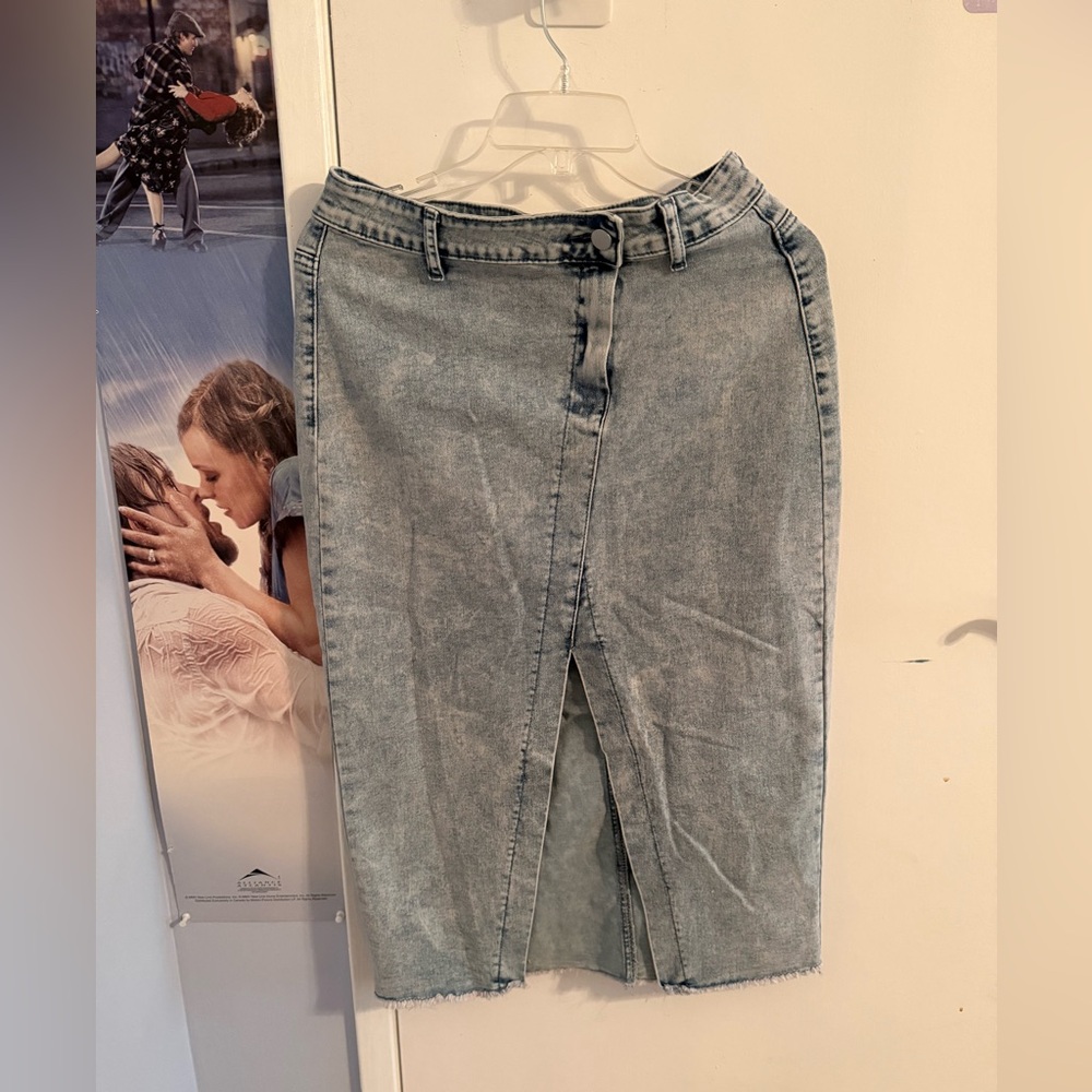 Light Wash Denim Midi Skirt with Front Slit